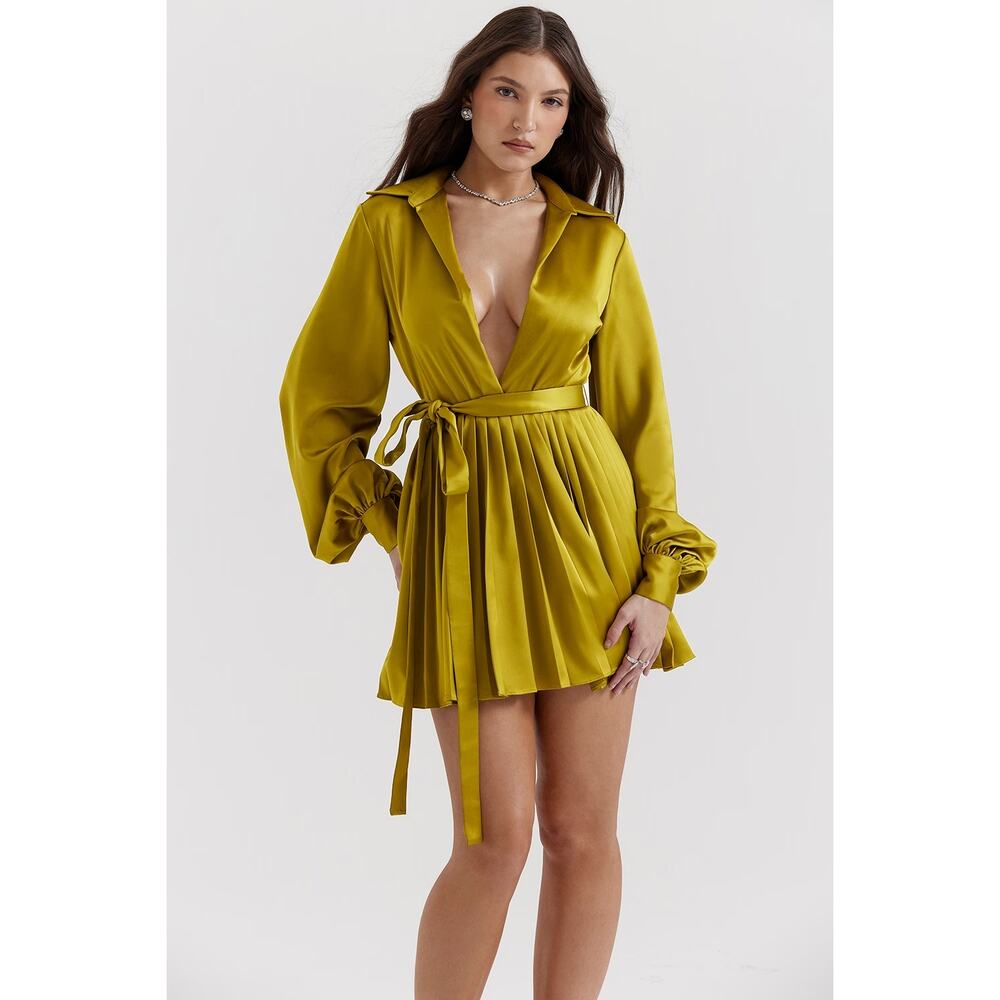 House of CB Allegra chartreuse pleated shirt dress NWOT Authentic - Picture 3 of 4